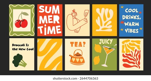 Trendy summer designs combine fun typography with delicious produce—cocktails, seafood, flowers, summer vibes, and more—ideal for social media or poster templates.