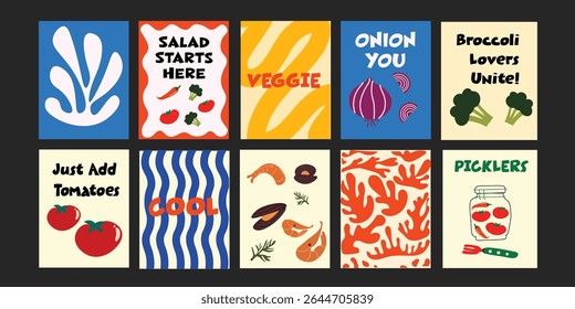 Trendy summer designs combining fun typography with delicious produce – strawberries, tomatoes, broccoli, and more – ideal for social media or poster templates.