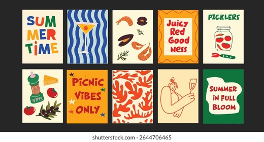 Trendy summer designs combining fun typography with delicious produce – coctails, seafood, flowers, summer vibes and more – ideal for social media or poster templates.