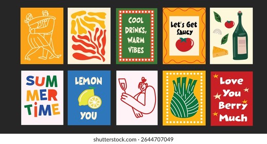 Trendy summer designs combining fun typography with delicious produce – lemons, tomatoes, flowers and more – ideal for social media or poster templates.