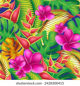 Trendy summer exotic flower print.  Seamless  tropical pattern. Palm monstera leaves with hibiscus and pink plumeria flowers abstract background