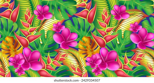 Trendiger Sommer exotische Blume Print.  Nahtloses tropisches Muster. Palmmonstera Blätter mit Hibiskus und rosa Plumeria Blüten abstrakter Hintergrund