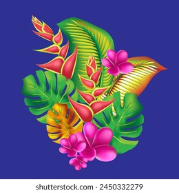 Trendy summer exotic flower print.   Palm monstera leaves with hibiscus and pink plumeria flowers abstract background