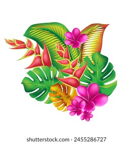 Trendy summer exotic flower print.  Palm monstera leaves with hibiscus and pink plumeria flowers abstract background