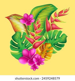 Trendy summer exotic flower print.  Palm monstera leaves with hibiscus and pink plumeria flowers abstract background