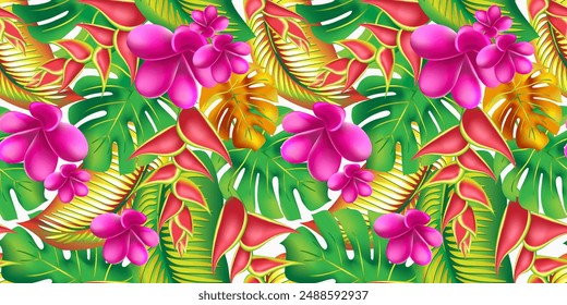 Trendy summer exotic flower print.  Seamless  tropical pattern. Palm monstera leaves with hibiscus and pink plumeria flowers abstract background
