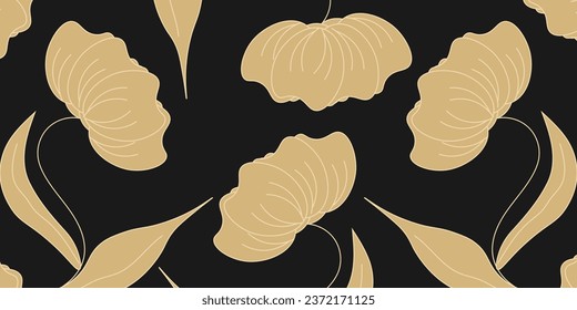Trendy summer Floral background with golden Flowers in Japanese style. Luxury Flowers on black background. Seasonal banner, poster, card cover. Vector illustration.
