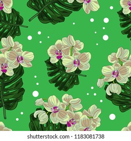 Trendy summer floral pattern.Beautiful stylish floral seamless print with orchids and monstera leaves on green.