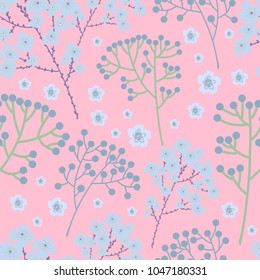 Trendy summer floral seamless pattern with wild graceful flowers and branches. Vector background. Hand drawn fashion design.