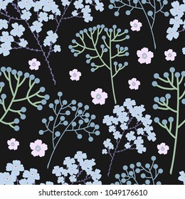 Trendy summer floral seamless pattern with wild graceful flowers and branches. Vector background. Hand drawn fashion design.