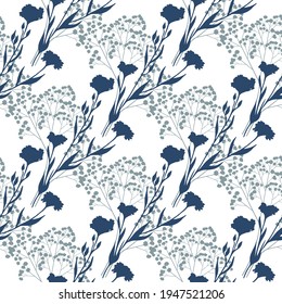 Trendy summer floral seamless pattern with wild graceful flowers and branches. Vector background. Hand drawn fashion design.