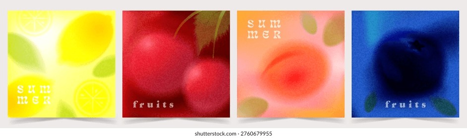 Trendy Summer fruit vibrant tropical gradient cards set with blurred abstract citrus, berry shapes, retro airbrush texture. Collection vector of grainy backgrounds and bold seasonal color palette.