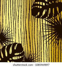 Trendy summer gold background with black stripes and tropical leaves. Vector illustration. Space for text