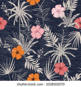 Trendy Summer Hawaii Print Vector Seamless Beautiful Artistic Bright  Tropical Pattern With Exotic Forest. Colorful  Stylish Floral Hibiscus Mix With Leaves  Background , On Texture Blue 