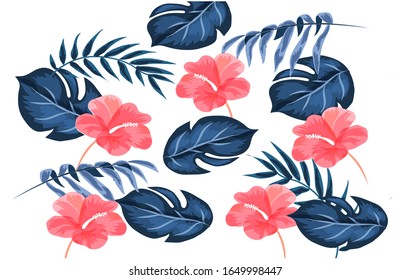 Diseño vectorial hawaiano de verano moderno con flor de hibiscos.Fondo tropical sobre textura azul. Papel tapiz botánico