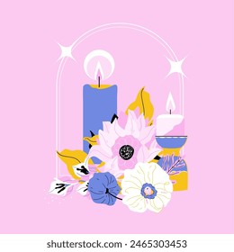 Trendy summer home decor with flowers and candles. Vector flat design for magazine, book, poster, website, banner