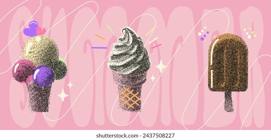 Collage de elementos de helados de verano de moda con un efecto fotocopiador de semitonos retro. Diferentes tipos de helado con textura de reticulación de grano . Diseño grungy del vector del Y2k