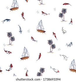 Trendy summer island palm tree and sea boat mix with oriental koi fish hand drawn vintage style ,seamless pattern in vector EPS10,Design for fashion,fabric,textile,clothes ,wallpaper aand all prints