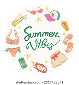 Trendy summer items set. Hand drawn y2k concept design. Summer Vibes typography. Sunglasses, baseball cap, slippers, ice-cream, shorts, lemonade, bikini, dragon fruit isolated cliparts