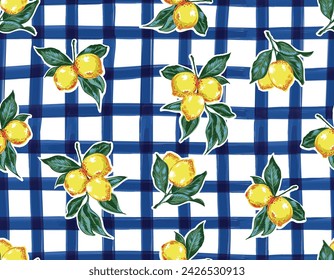 Trendy Summer Lemon  Summer fruits Orange and leaves  seamless pattern vector on Hand blue window check Design for fashion , fabric, textile, wallpaper, cover, web , wrapping and all prints