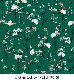 Trendy summer meadow flowers  full of  blooming in many kind of floral seasonal seamless pattern vector ,hand drawing style for fashion, fabric and all prints on dark green background.