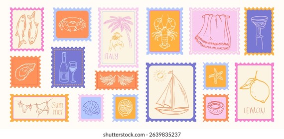 Trendy summer mediterranean placard and postage stamps. Vacation in Italy. Amalfi. Hand drawn print with image of lobster, crab, boat, lemons, sardine, seashell, cocktail, shrimp.Vector illustration.