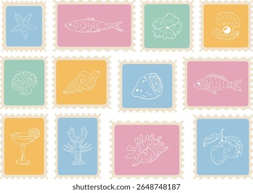 Trendy summer mediterranean placard and postage stamps. Vacation in Italy. Amalfi. Hand drawn print with image of lobster, crab, boat, lemons, sardine, seashell, cocktail, shrimp. Vector illustration.