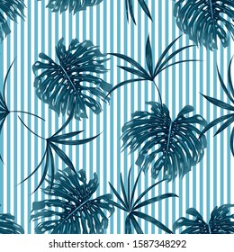 Trendy Summer Navy blue tropical forest leaves bright mood on sky blue stripe seamless pattern for fashoin fabric ,wallpaper book , card and etc