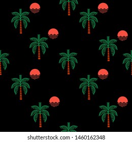 Trendy Summer night vector elements seamless pattern. Palm trees, sun, icon regular repeat Vector illustration .Design for fashion ,fabric, web, wallpaper, and all prints on black