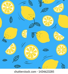 Trendfarbenes Sommermuster mit Zitronen und buntem Hintergrund. Handgezeichnete Zitronen-Design für Textilien, Gehäuse, Drucke usw. Vektorgrafik