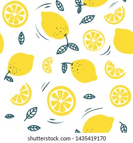 Trendy summer pattern with lemons and white background. Hand drawn lemons design for textile, cases, prints etc. Vector illustration