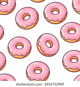 Trendiges Sommermuster mit rosa Donut auf weißem Hintergrund. Nahtloses Muster mit glasierten Donuts. Gebäck Illustration. Minimales Sommerkonzept. Vektorgrafik Bäckerei Hintergrund Design