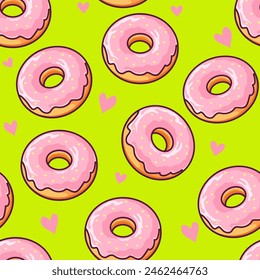 Trendy summer pattern made with pink doughnut on on bright background. Seamless pattern with glazed donuts. Pastry illustration. Minimal summer concept. Vector bakery background design