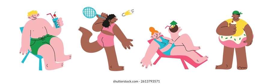 Trendy Summer Pool Party – Cartoon Characters Relaxing with Drinks. Doodle Pool Party Pack. Cute Pool Relaxation Characters