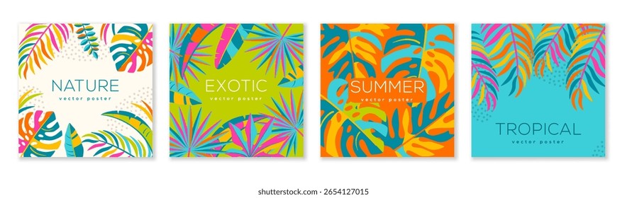 Cartel de moda del verano, Plantilla tropical cuadrada abstracta. La selva deja Elementos coloridos. Ilustración vectorial, fondo de moda tropical floral. Portada de una publicación en las redes sociales. Diseño de Anuncio de playa hawaiano