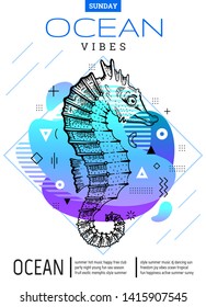 Trendy summer poster with memphis element & sea horse. Tropical beach design for music fest flyer, t-shirt print, art card. Geometric shape with light fluid blue gradient. Vector illustration on white