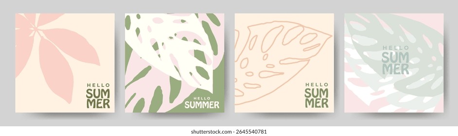 Trendy summer print set with tropical foliage and distressed textures. Modern vintage aesthetic for posters, banners, covers, ads, or social media seasonal content