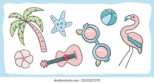 Trendy summer related elements on white background. Hand drawn doodle illustration. Vector illustration EPS10.
