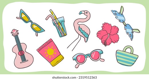 Trendy summer related elements on white background. Hand drawn doodle illustration. Vector illustration EPS10.