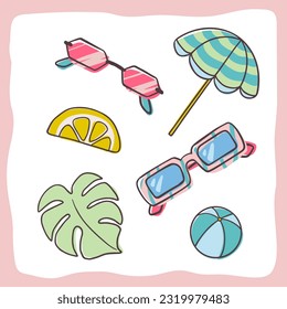 Elementos modernos relacionados con el verano sobre fondo blanco. Dibujo manual. Ilustración del vector EPS10.