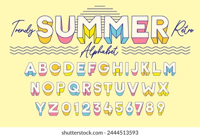 conjunto de efectos de alfabeto 3d retro de verano de moda - tipografía de tipografía de tipografía de colores pastel para diseño de temporada con contorno vintage azul