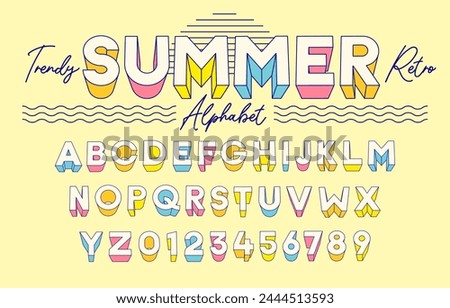trendy summer retro 3d alphabet effect set – colorful pastel font typeface typography for seasonal design with blue vintage outline