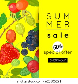 Trendy summer sale banner with  berries, vector illustration