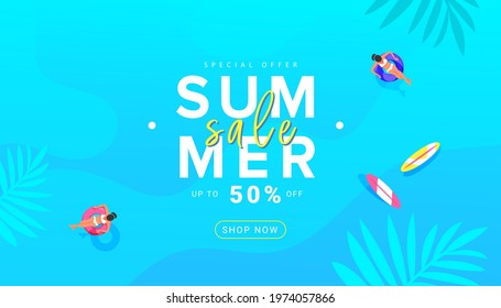 Trendy summer sale banner design background with beach accessories, tropical palm on ocean background. Vector Illustration