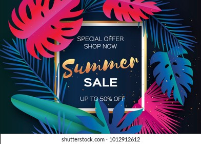 Trendy Summer Sale Template banner. Paper cut art Tropical palm leaves, plants. Exotic. Hawaiian. Space for text. Square frame. Colorful jungle floral background. Monstera. Vector illustration