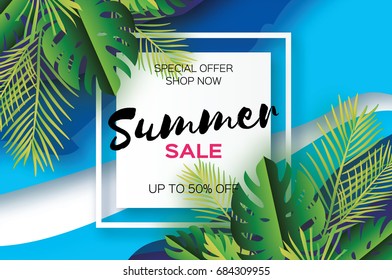 Trendy Summer Sale Template banner. Paper cut art Tropical palm leaves, plants. Exotic. Hawaiian. Space for text. Square frame. Dark green jungle floral background. Monstera, palm. Vector