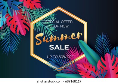 Trendy Summer Sale Template banner. Paper art Tropical palm leaves, plants. Exotic. Hawaiian. Space for text. Hexagon frame. Colorful jungle floral background. Monstera. Vector
