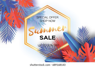 Trendy Summer Sale Template banner. Paper art Tropical palm leaves, plants. Exotic. Hawaiian. Space for text. Hexagon frame. Colorful jungle floral background. Monstera. Vector