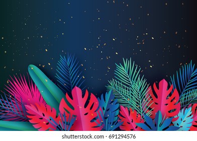 Trendy Summer Sale Template banner. Paper art Tropical palm leaves, plants. Exotic. Hawaiian. Space for text. Colorful jungle floral background. Monstera. Vector