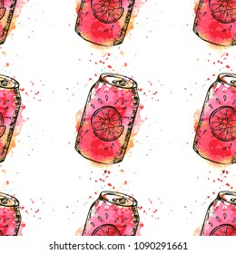 Trendy summer seamless pattern with hand drawn sketch beverages on watercolor texture. Textile and wallpaper background, surface food pattern.